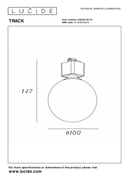 Lucide TRACK  TYCHO Foco de riel - Sistema de carril monofásico / Iluminación con rieles - 1xGU10 - Opal (Extensión) - técnico